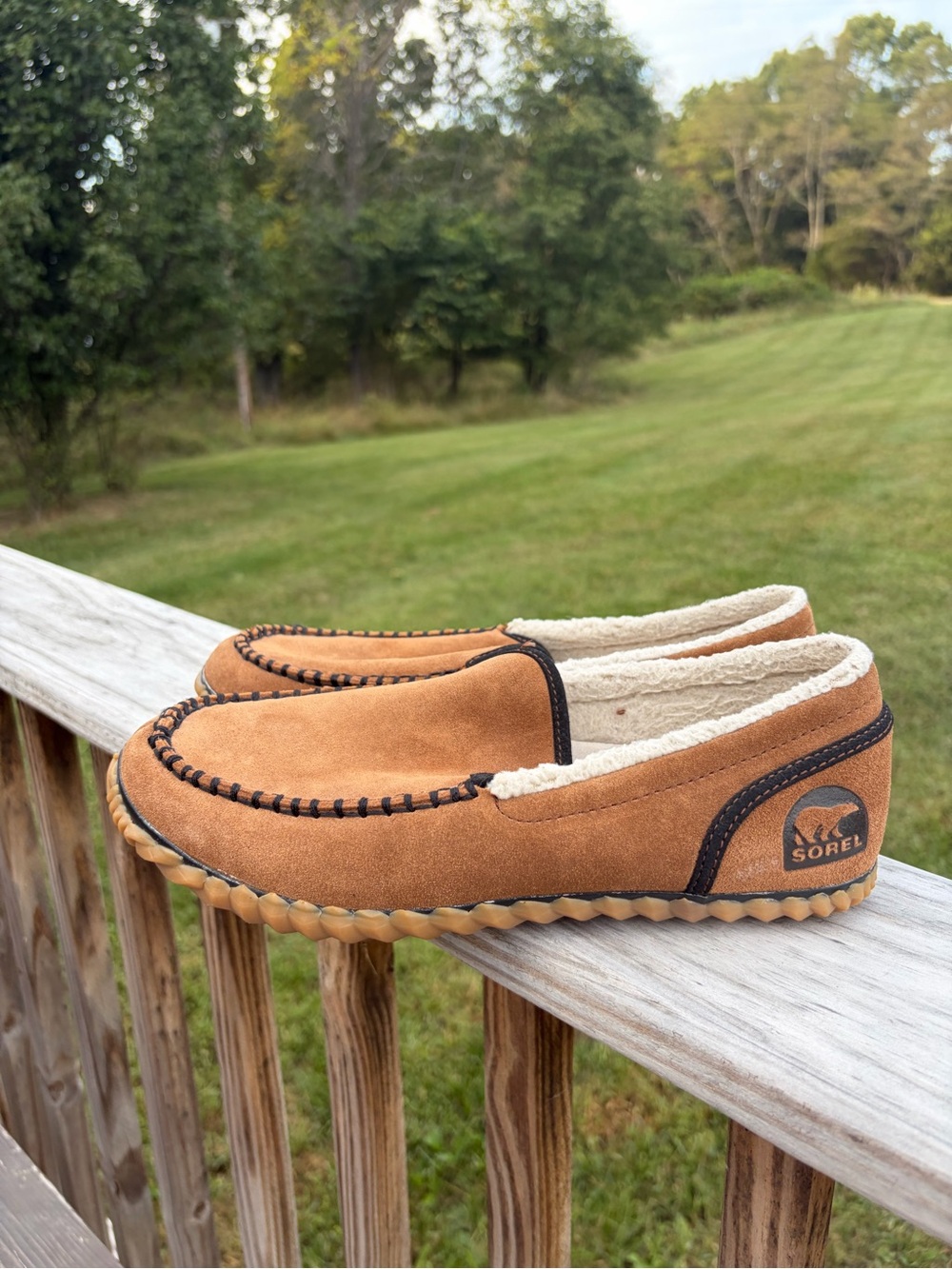 SOREL Dude Moc Suede Faux Fur House Shoes Moccasin Slippers 8 Cabincore Cozy